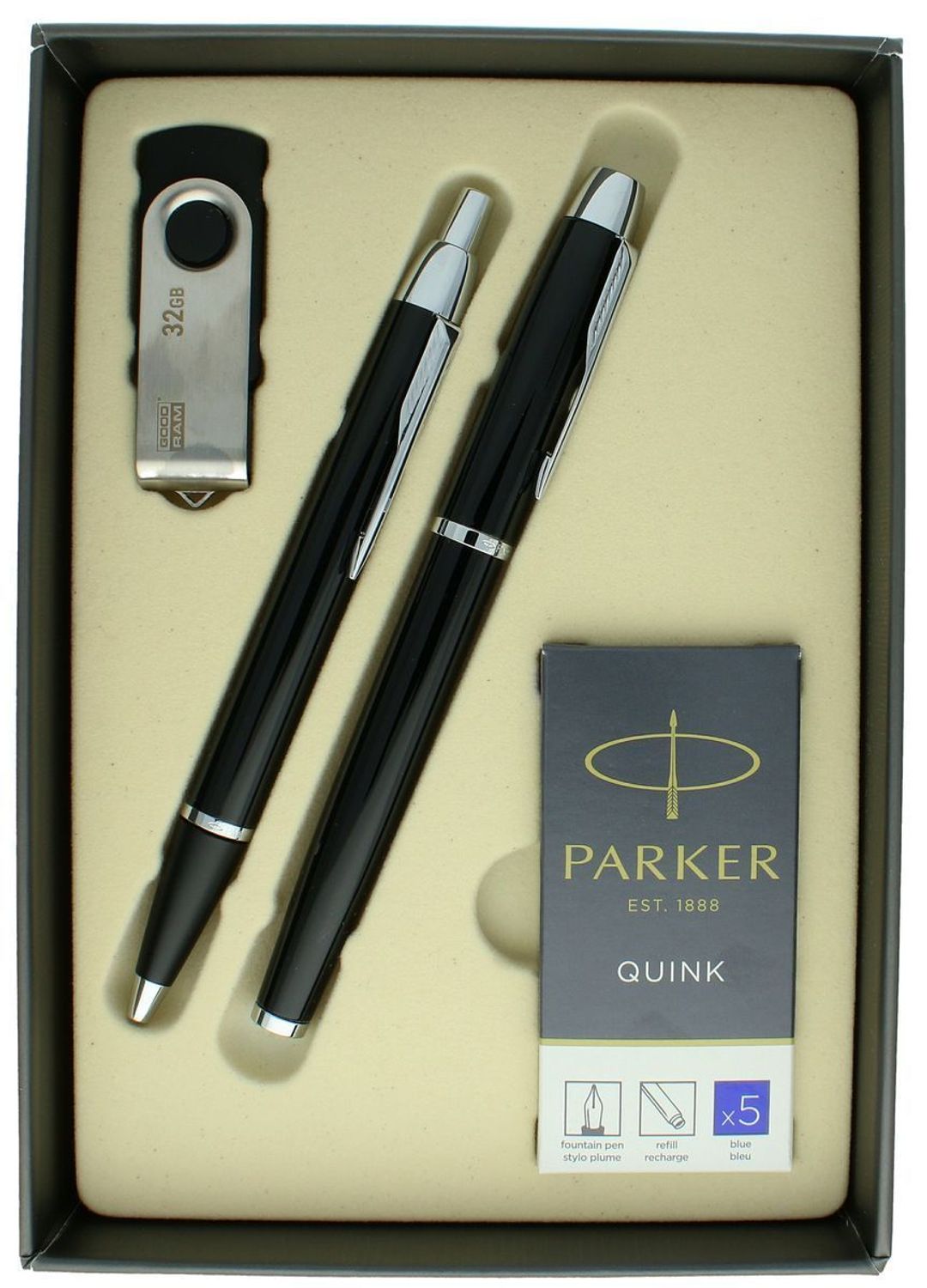 Elegancki zestaw prezentowy Parker pióro wieczne, długopis, naboje i pamięć USB 32GB. Idealny upominek biznesowy lub osobisty – dla niej i dla niego..jpg